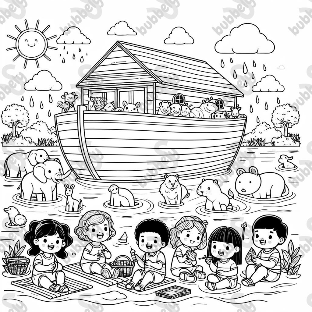 une arche de Noé avec des enfants faisant un pique-nique une arche de Noé avec des enfants faisant un pique-nique