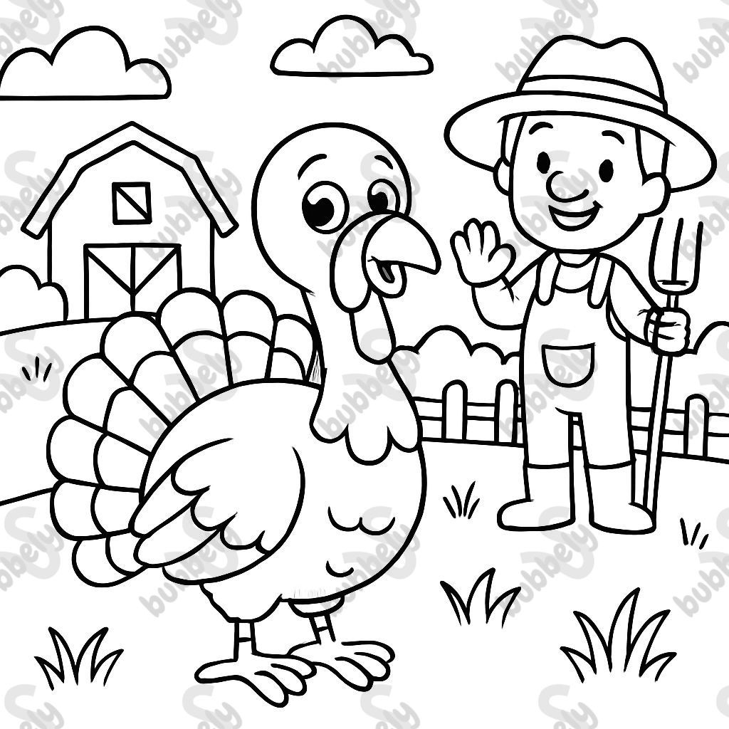 Ein Truthahn auf einem Feld mit einem Bauern auf einem Bauernhof Ein Truthahn auf einem Feld mit einem Bauern auf einem Bauernhof