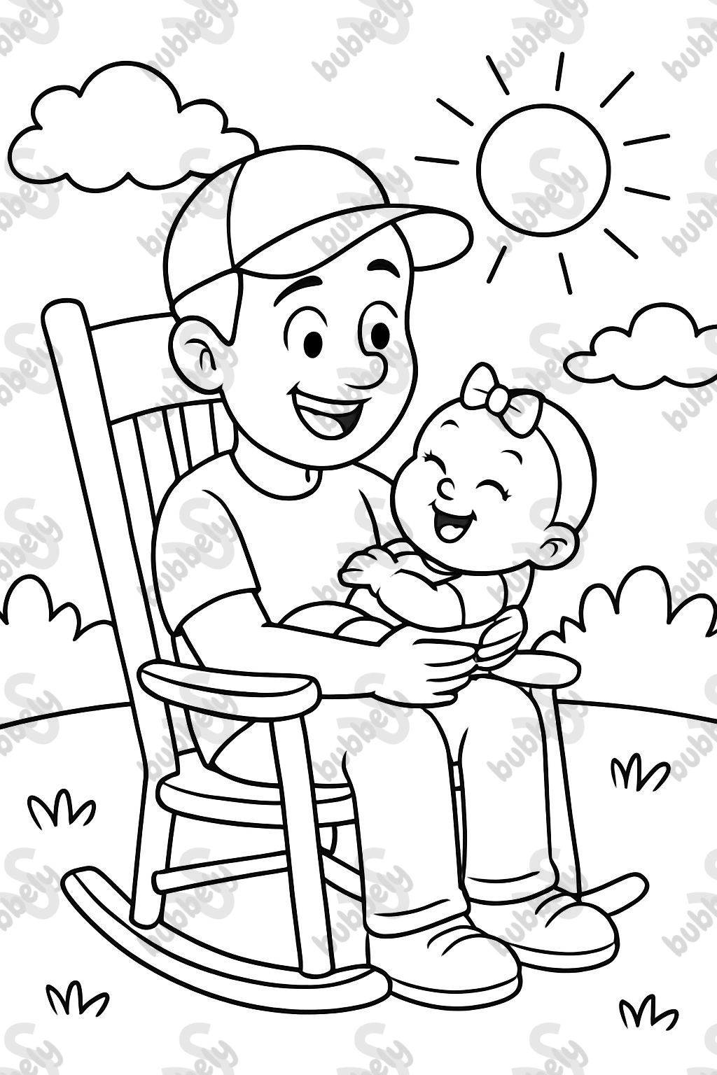 A young dad with a baseball hat rocking his baby girl in a rocking chair. A young dad with a baseball hat rocking his baby girl in a rocking chair.