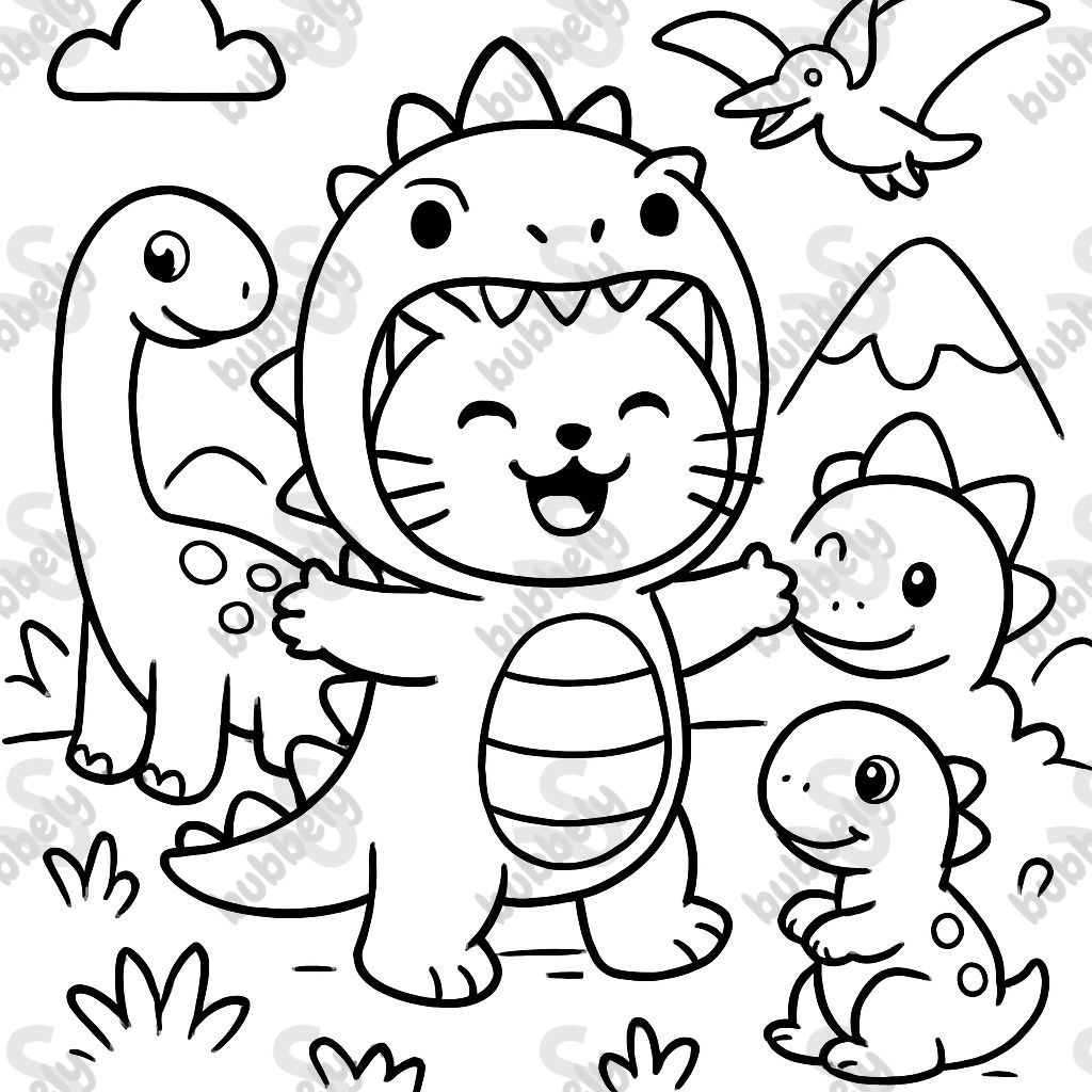 Un chat dans un costume de dinosaure avec quelques amis dinosaures Un chat dans un costume de dinosaure avec quelques amis dinosaures