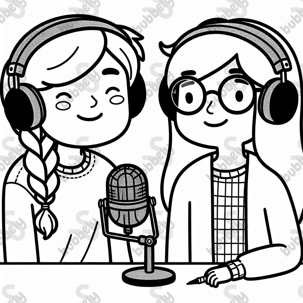 Dos mejores amigos, uno con una trenza y otro con cabello largo y gafas grabando un podcast. Dos mejores amigos, uno con una trenza y otro con cabello largo y gafas grabando un podcast.