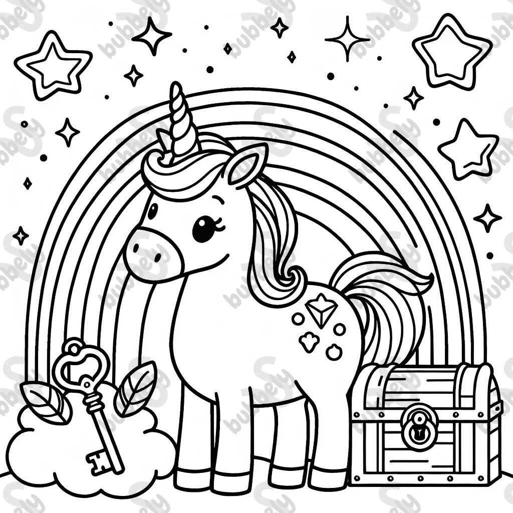 Licorne sur arc-en-ciel avec clé et trésor et étoiles au-dessus Licorne sur arc-en-ciel avec clé et trésor et étoiles au-dessus