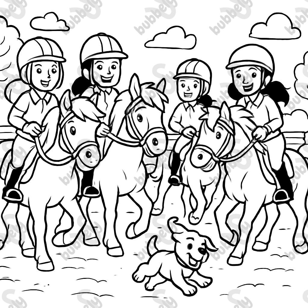 Four horses with four female riders, wearing riding helmets, and a puppy in a riding arena Four horses with four female riders, wearing riding helmets, and a puppy in a riding arena