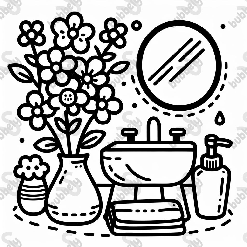 Contours mignons et audacieux d'un lavabo de salle de bain avec un vase de jolies fleurs, un miroir et un gant de toilette. Contours mignons et audacieux d'un lavabo de salle de bain avec un vase de jolies fleurs, un miroir et un gant de toilette.