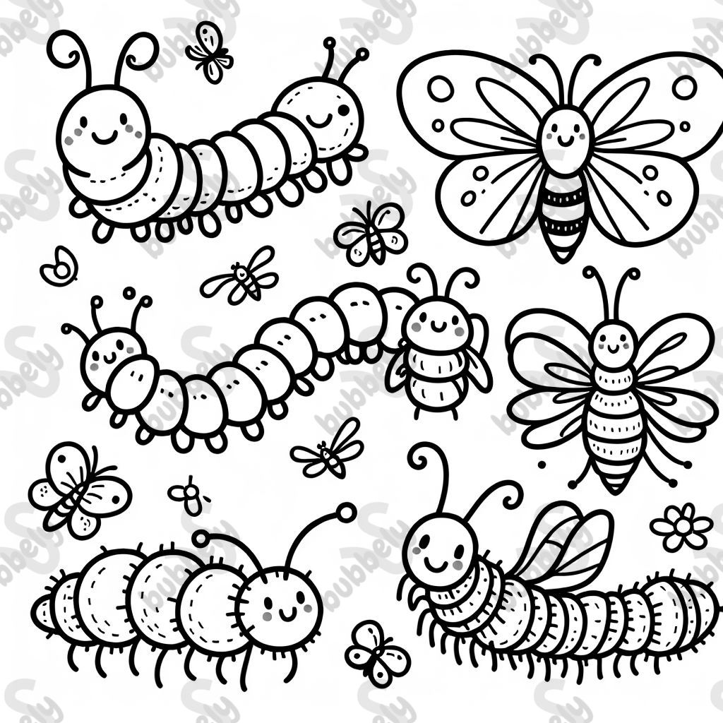 Un grupo de insectos - una oruga, un lombriz, una mariposa, una abeja, una polilla y un grillo Un grupo de insectos - una oruga, un lombriz, una mariposa, una abeja, una polilla y un grillo