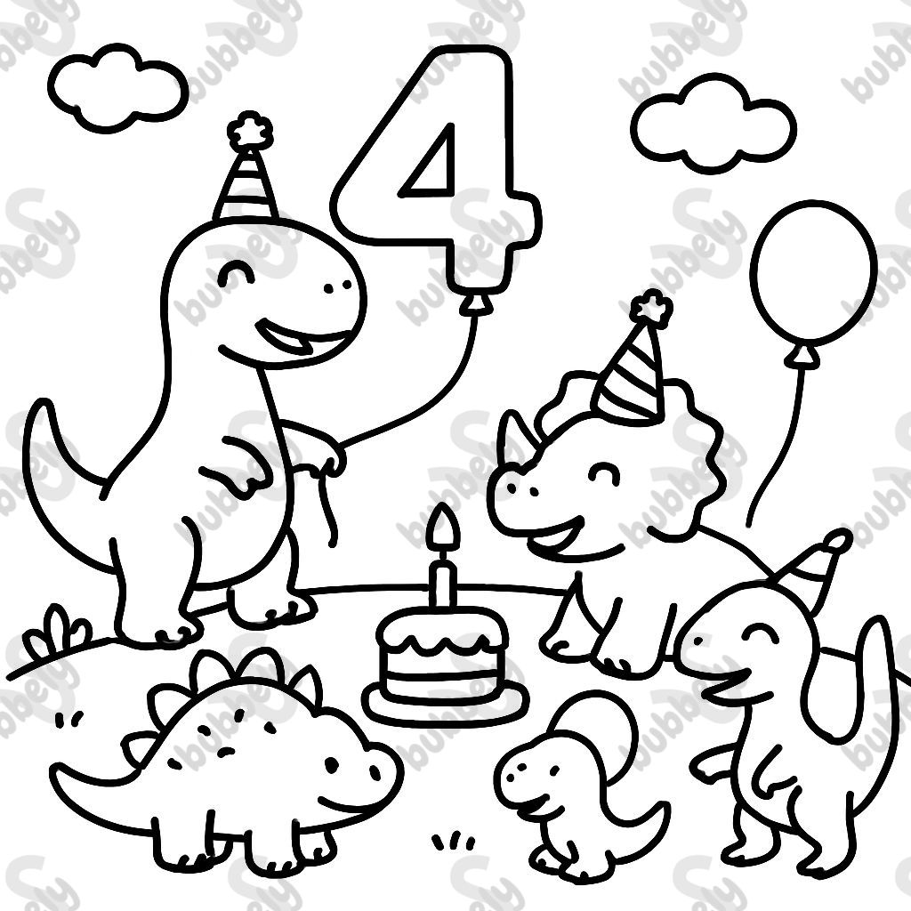 Five dinosaurs celebrating a 4th birthday. Five dinosaurs celebrating a 4th birthday.