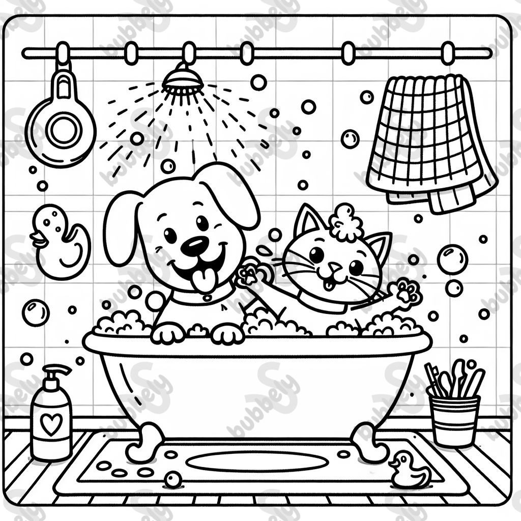 Ein Hund und eine Katze, die zusammen duschen. Ein Hund und eine Katze, die zusammen duschen.