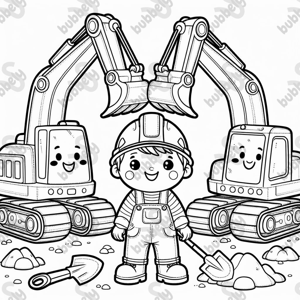 Zwei Bagger mit lächelnden Gesichtern und zwischen ihnen steht ein Junge mit Latzhose, Bauhelm und einer Schaufel in der Hand Zwei Bagger mit lächelnden Gesichtern und zwischen ihnen steht ein Junge mit Latzhose, Bauhelm und einer Schaufel in der Hand