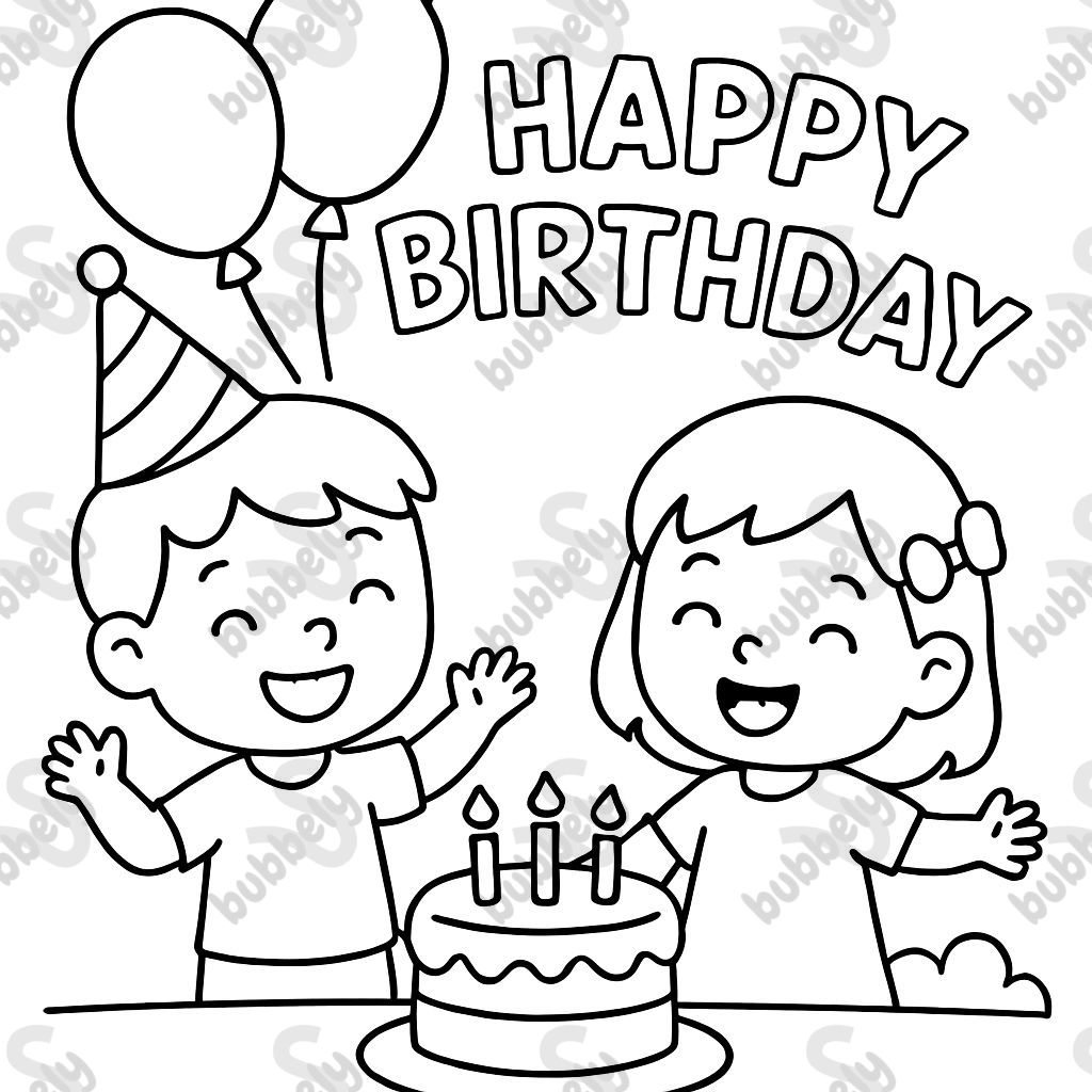 Happy birthday balloons, cake and kids Happy birthday balloons, cake and kids