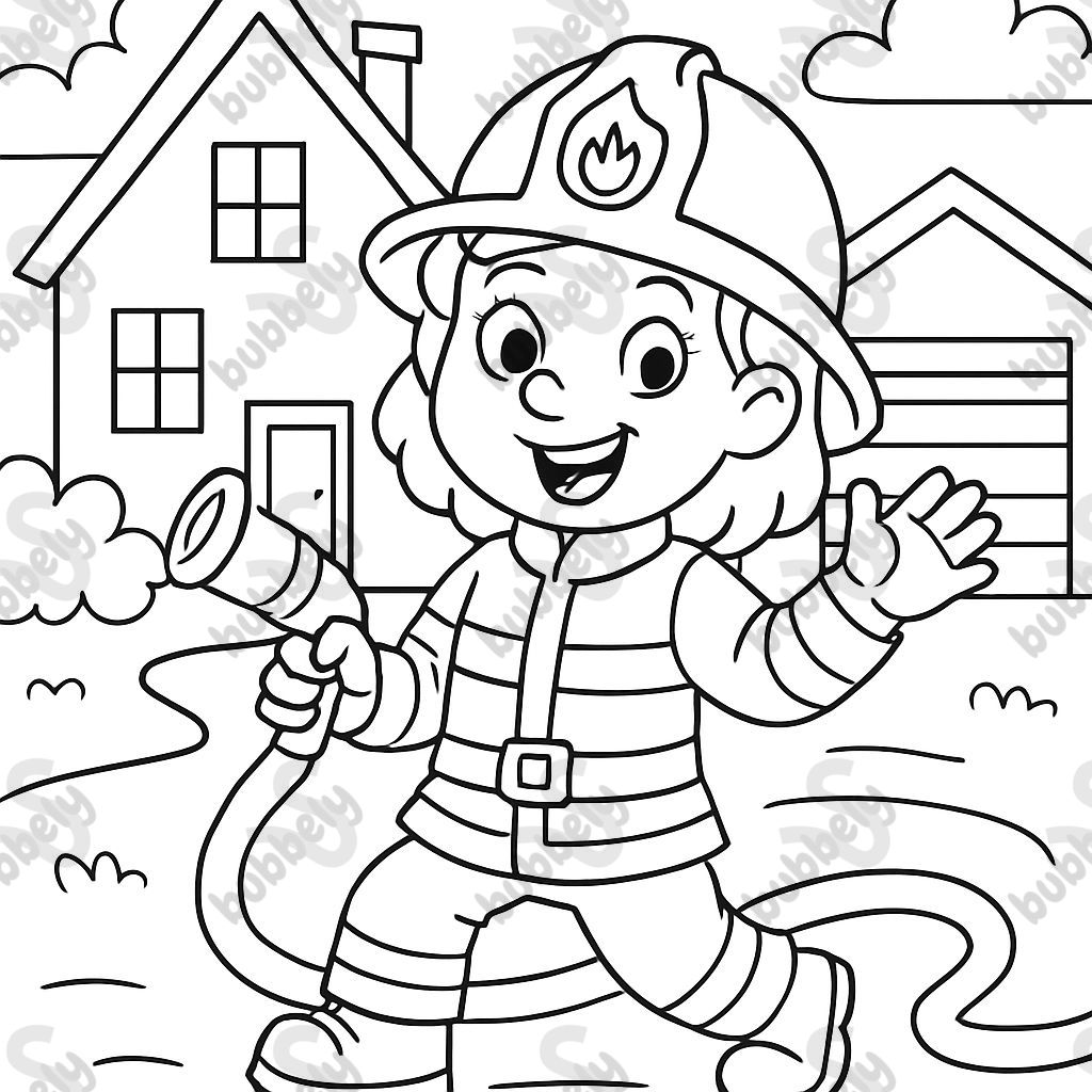 Firefighter woman with house and garage Firefighter woman with house and garage