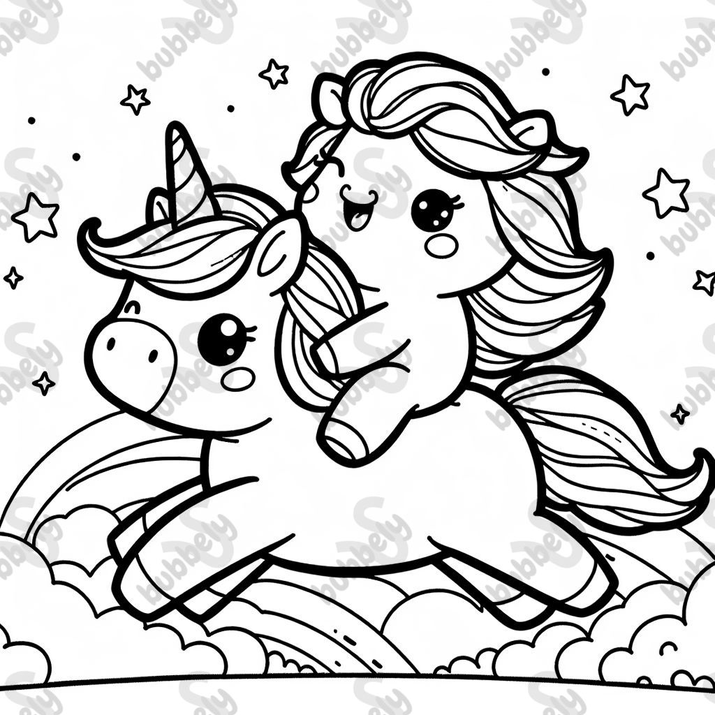 Une licorne monte sur une autre licorne, entourée de arc-en-ciel colorés et d'étoiles brillantes. Une licorne monte sur une autre licorne, entourée de arc-en-ciel colorés et d'étoiles brillantes.
