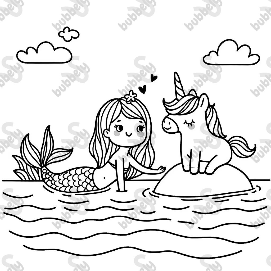 Simple mermaid in the ocean petting a unicorn that is on an island Simple mermaid in the ocean petting a unicorn that is on an island