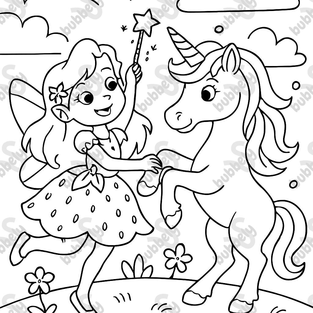 Un hada vestida con un vestido de fresa bailando con un unicornio Un hada vestida con un vestido de fresa bailando con un unicornio