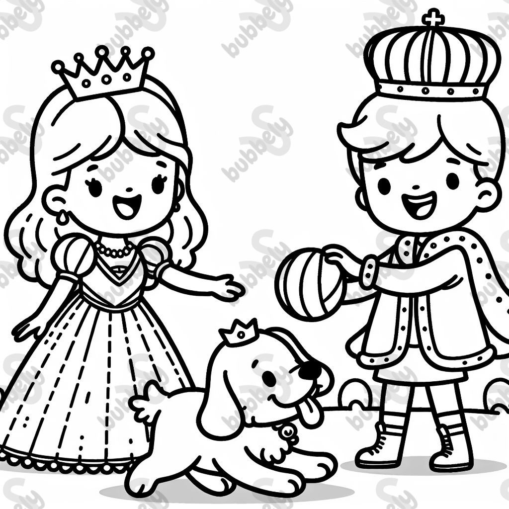 Eine Königin und ein König die mit einem Hundekönig Stöckchen werfen spielen Eine Königin und ein König die mit einem Hundekönig Stöckchen werfen spielen