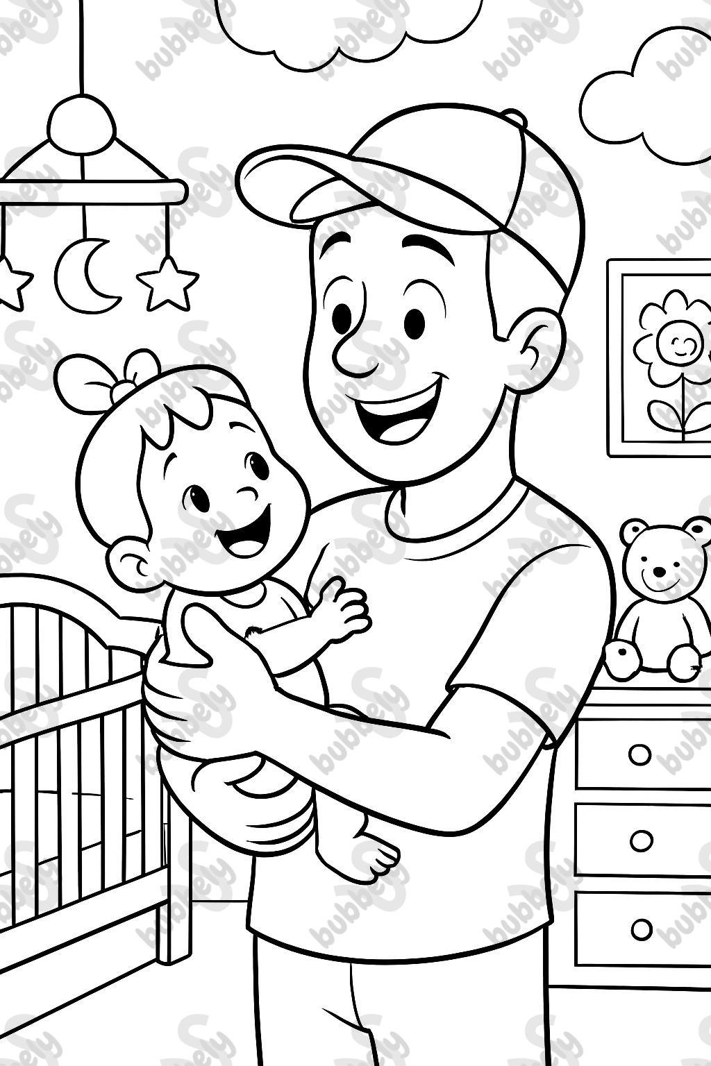 dad with a baseball hat, holding his baby girl in her nursery. dad with a baseball hat, holding his baby girl in her nursery.