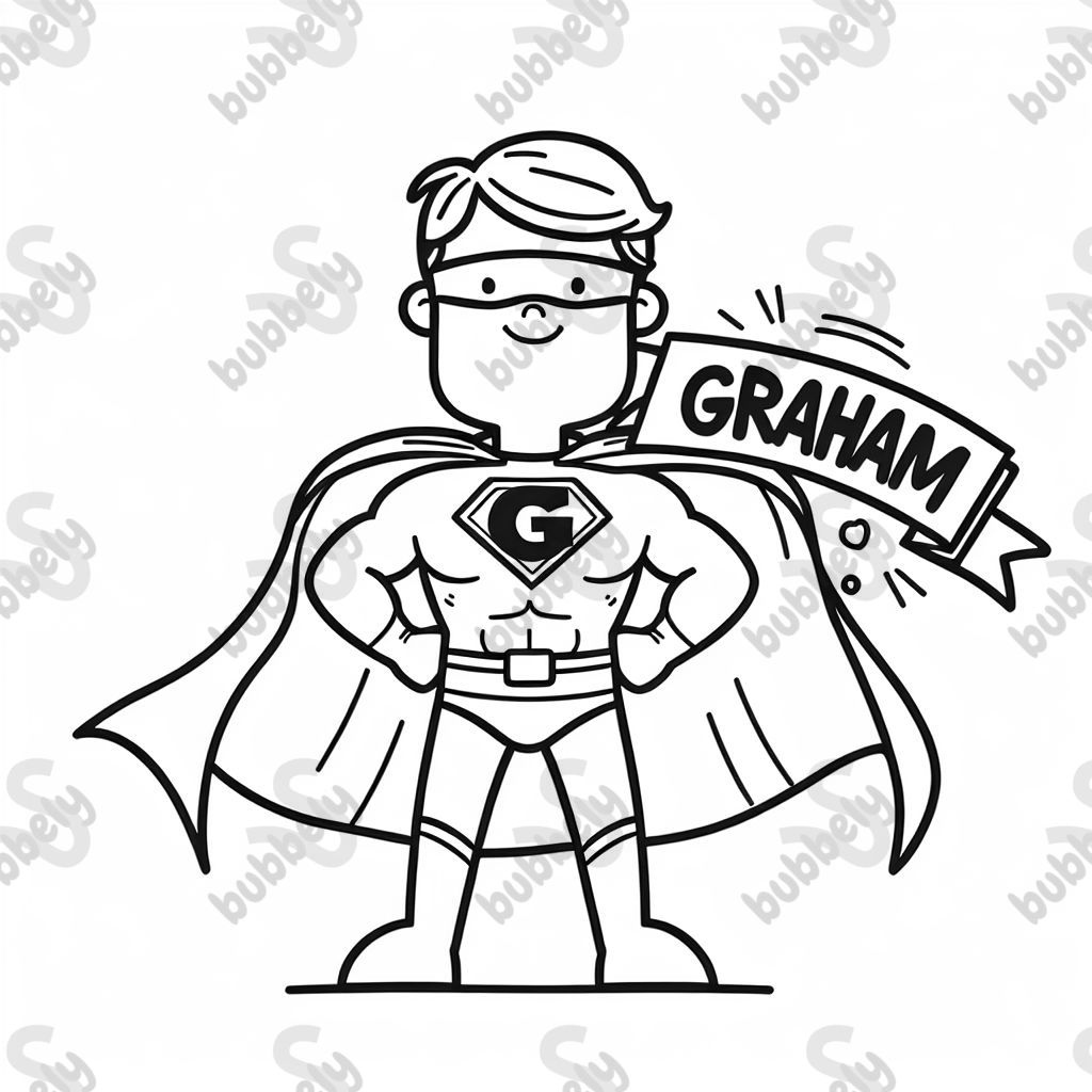 La palabra GRAHAM en una pancarta sostenida por un superhéroe. La palabra GRAHAM en una pancarta sostenida por un superhéroe.