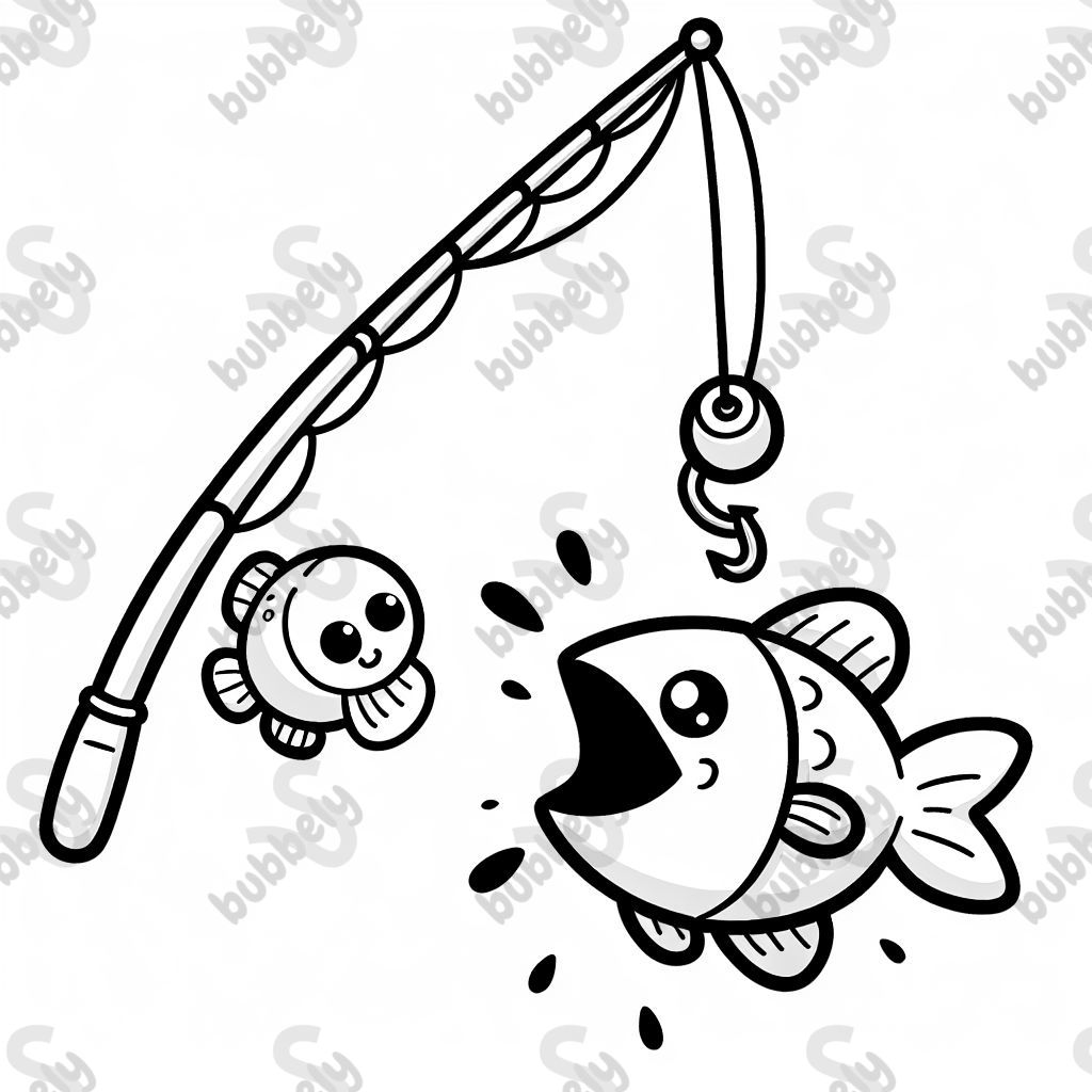 Una caña de pescar con un pez como cebo, donde un pez aún más grande pica Una caña de pescar con un pez como cebo, donde un pez aún más grande pica