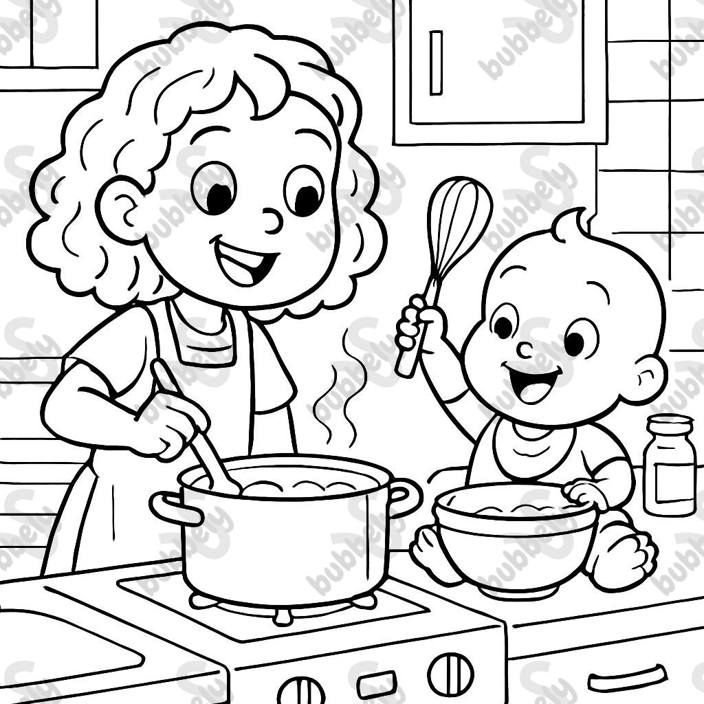 A little girl with curly shoulder length hair and a baby cooking in the kitchen. A little girl with curly shoulder length hair and a baby cooking in the kitchen.