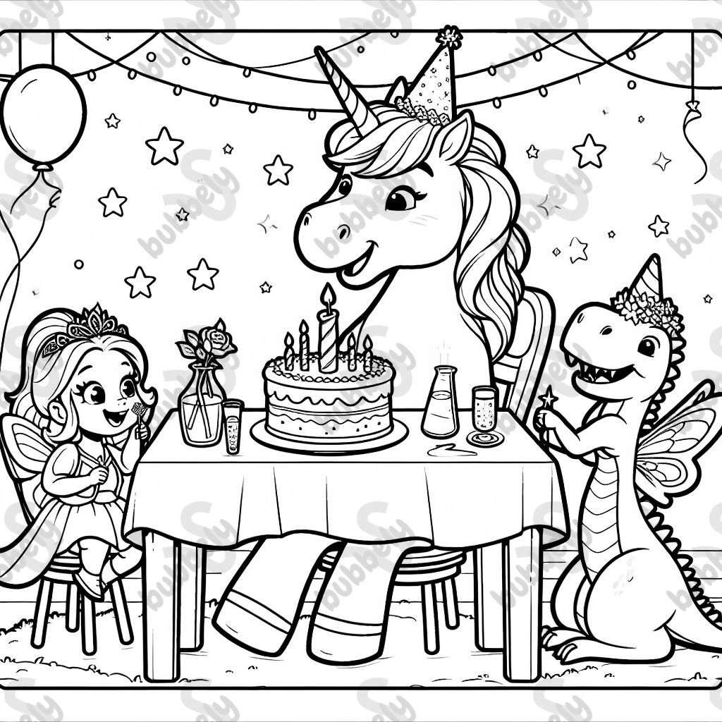 ein Einhorn feiert Geburtstag. es sitzt mit seinen Gästen (eine Fee, eine Prinzessin und ein Dino) am Tisch ein Einhorn feiert Geburtstag. es sitzt mit seinen Gästen (eine Fee, eine Prinzessin und ein Dino) am Tisch