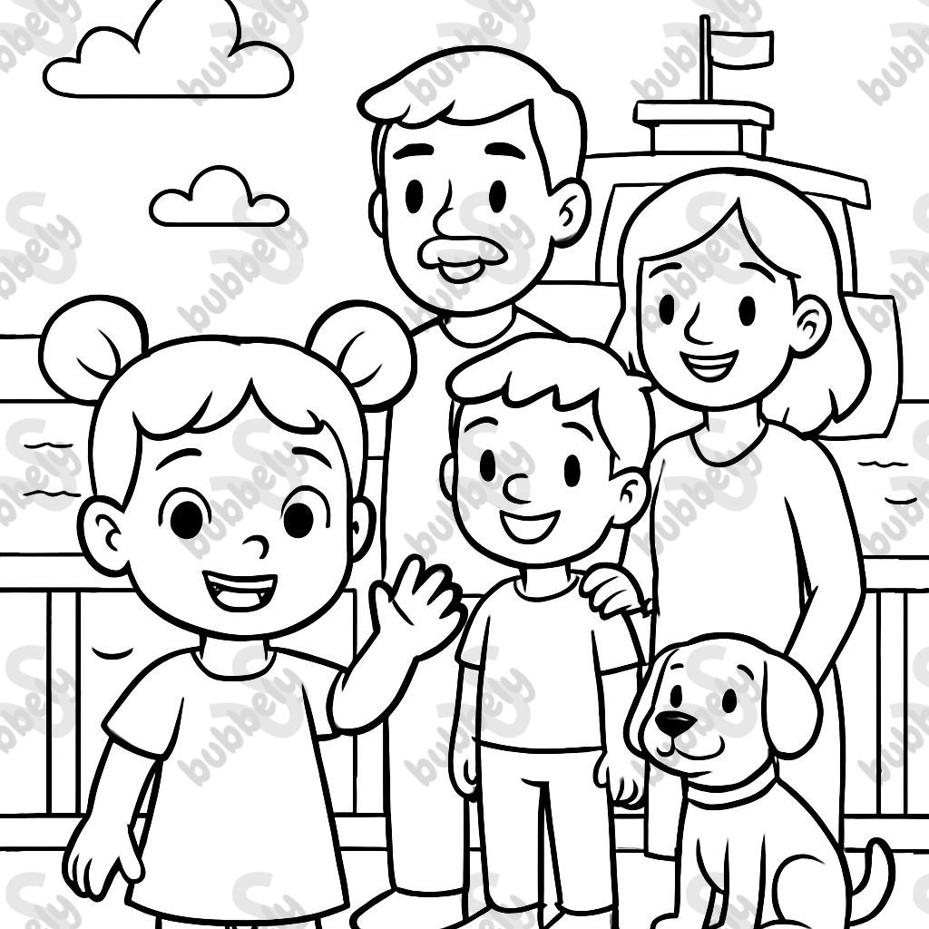 Little girl with two buns in her hair, her dad and brother and mom and dog on a ferry boat Little girl with two buns in her hair, her dad and brother and mom and dog on a ferry boat