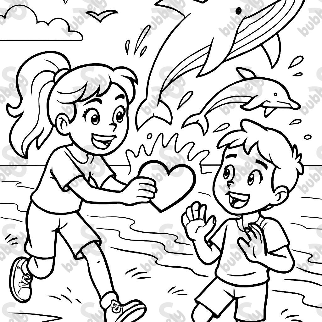 A girl giving a boy a heart next to a beach with dolphins and whales jumping out of the ocean. A girl giving a boy a heart next to a beach with dolphins and whales jumping out of the ocean.
