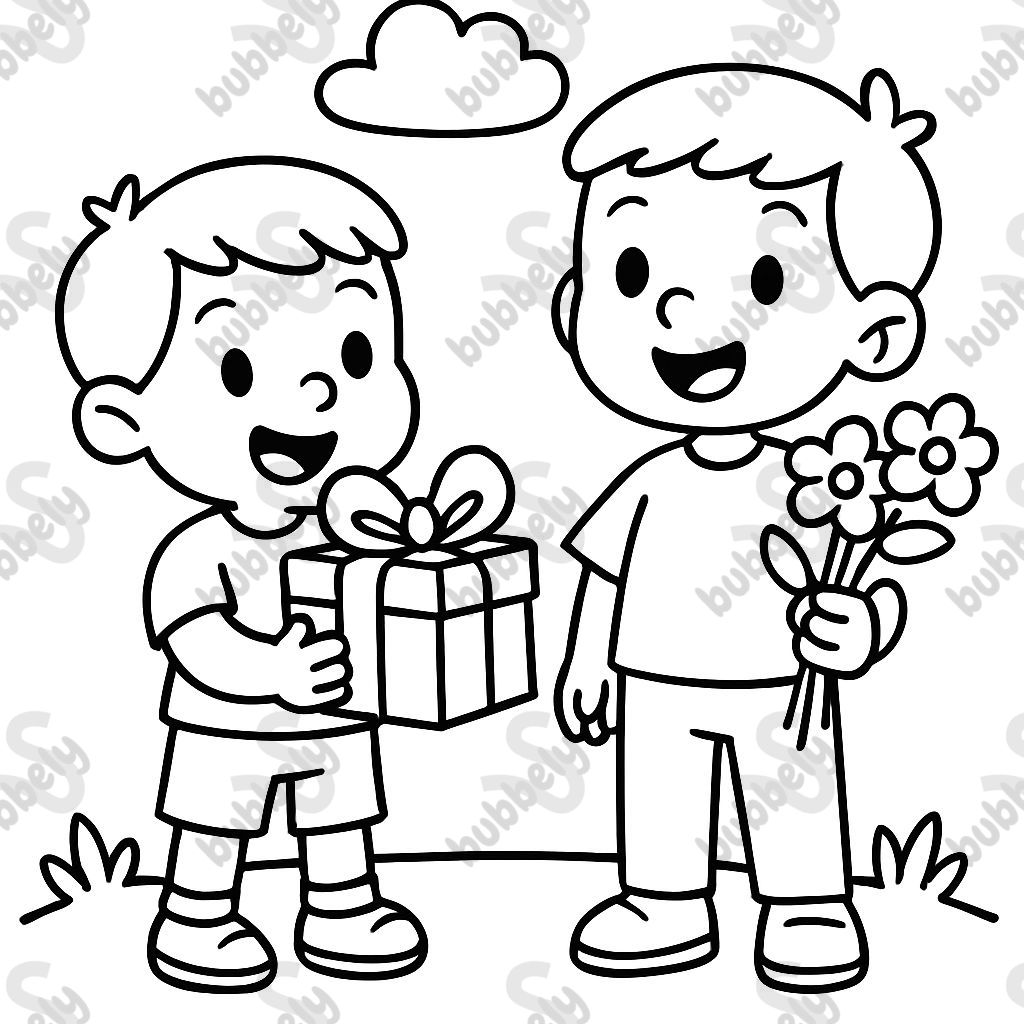 two boys (2 and 3) with a gift and flowers in their hands two boys (2 and 3) with a gift and flowers in their hands