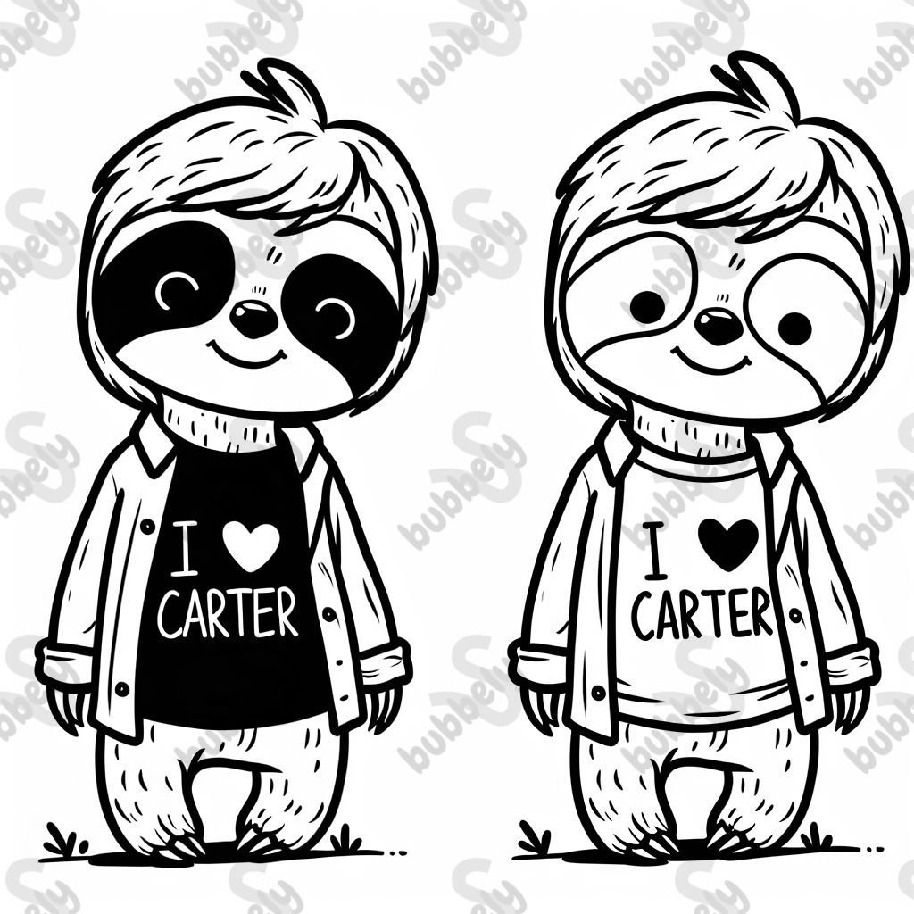Un paresseux portant un T-shirt avec l'inscription 'J'aime Carter'. Un paresseux portant un T-shirt avec l'inscription 'J'aime Carter'.
