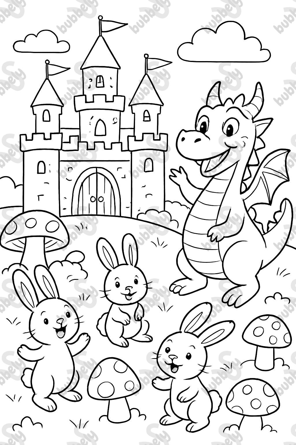 Castillo grande con un dragón y conejos en un país de hongos. Castillo grande con un dragón y conejos en un país de hongos.