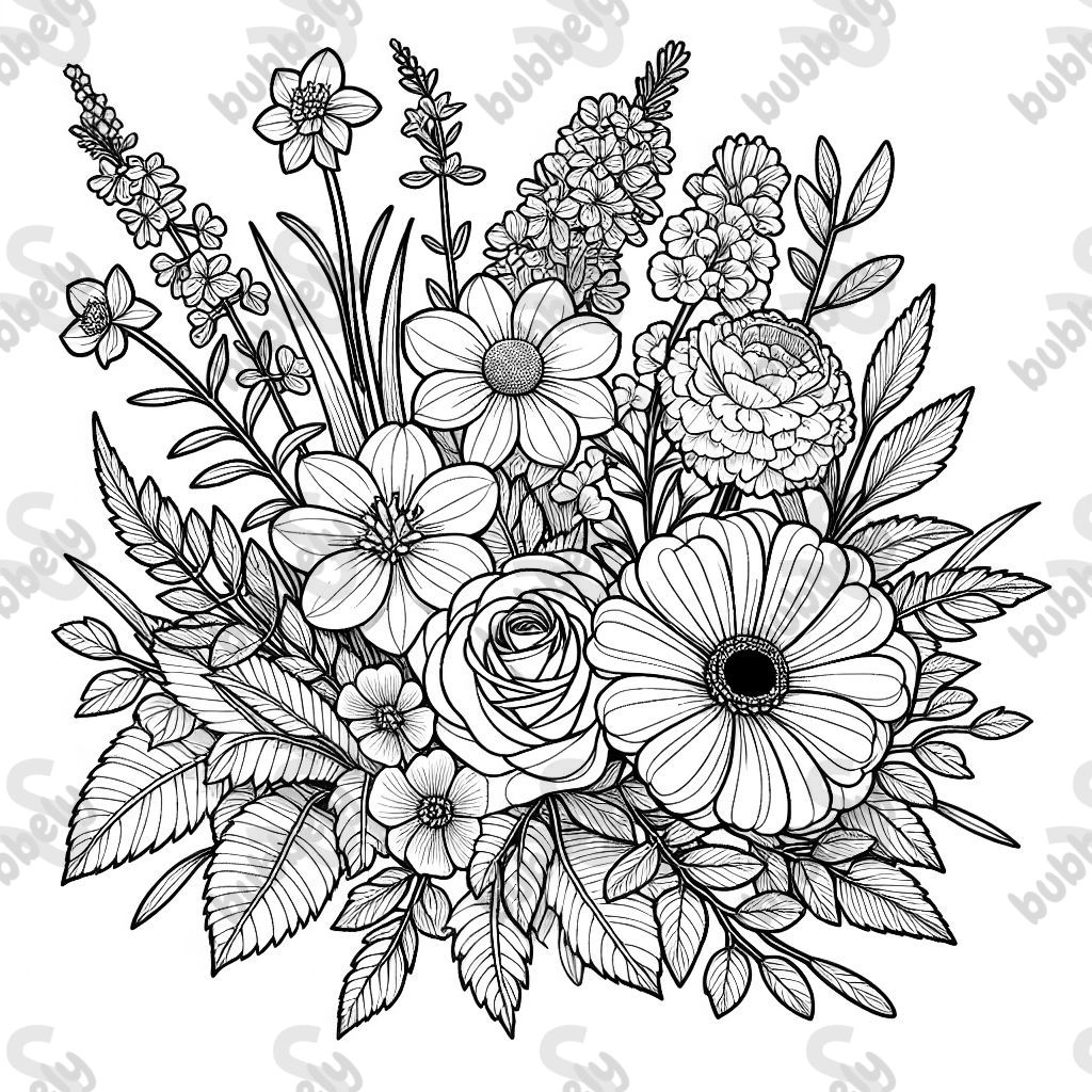 Un delfinio, un narciso, una rosa, un crisantemo y una aster en un ramo Un delfinio, un narciso, una rosa, un crisantemo y una aster en un ramo