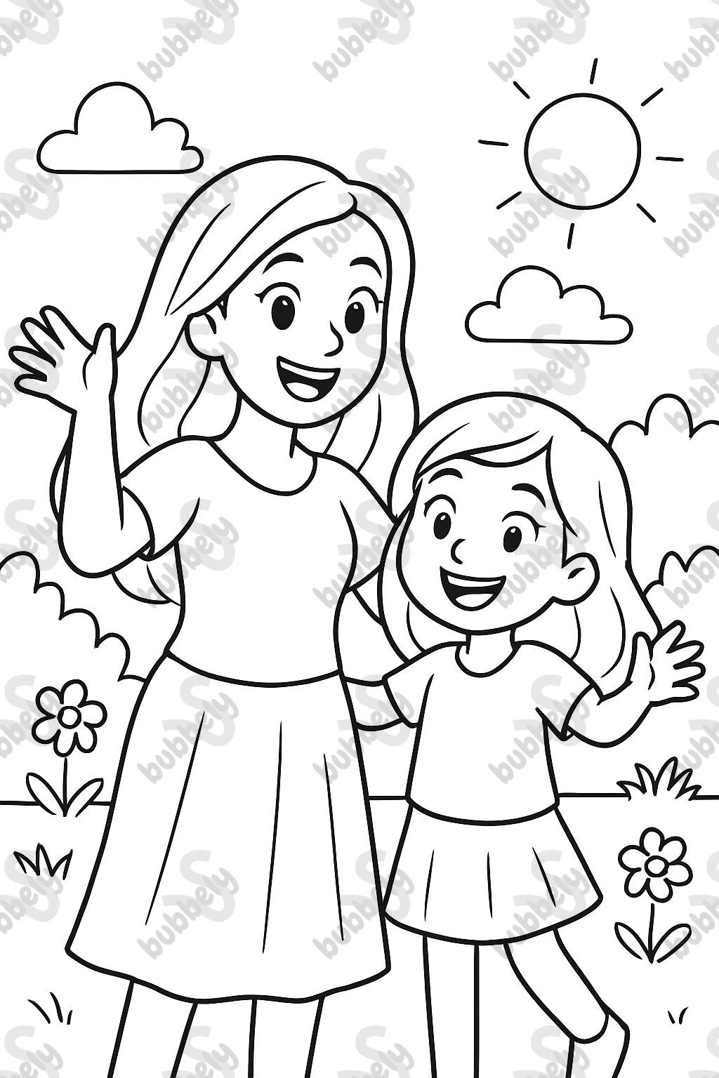 Mama with long hair and a 13-year-old girl with medium-length hair Mama with long hair and a 13-year-old girl with medium-length hair