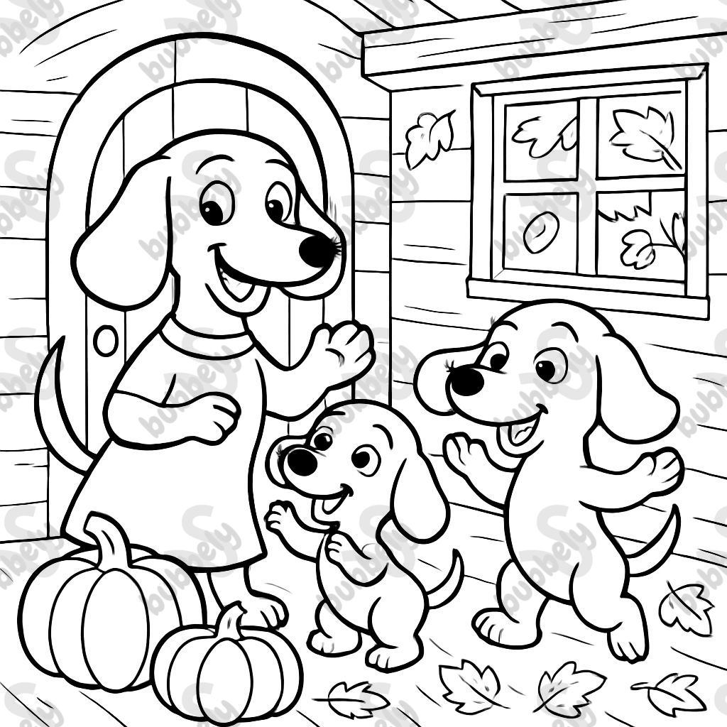 Maderhunde en una pequeña y acogedora casa en otoño con calabazas y hojas Maderhunde en una pequeña y acogedora casa en otoño con calabazas y hojas