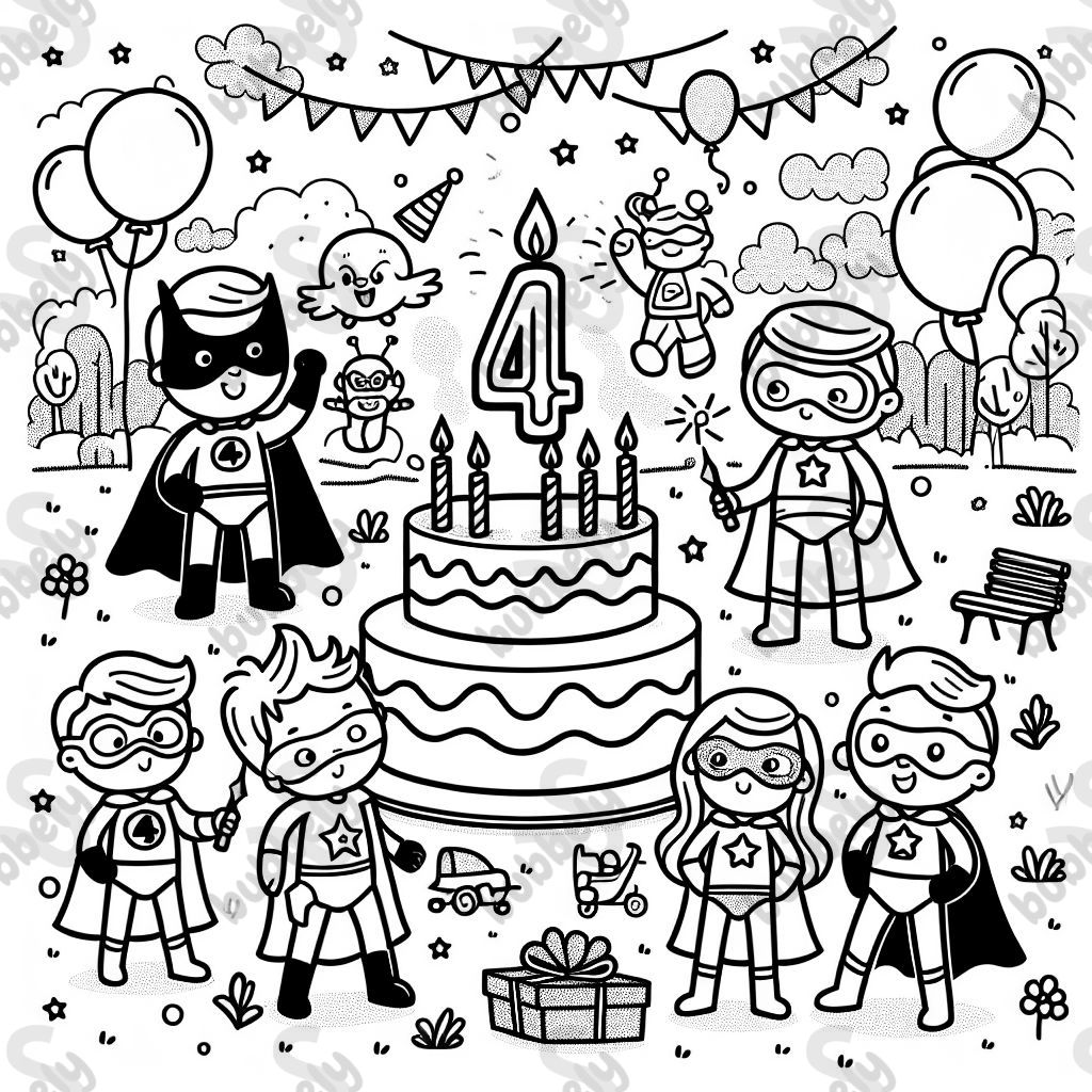 Superheroes are celebrating a 4th birthday party with games, cake, and fun. Superheroes are celebrating a 4th birthday party with games, cake, and fun.
