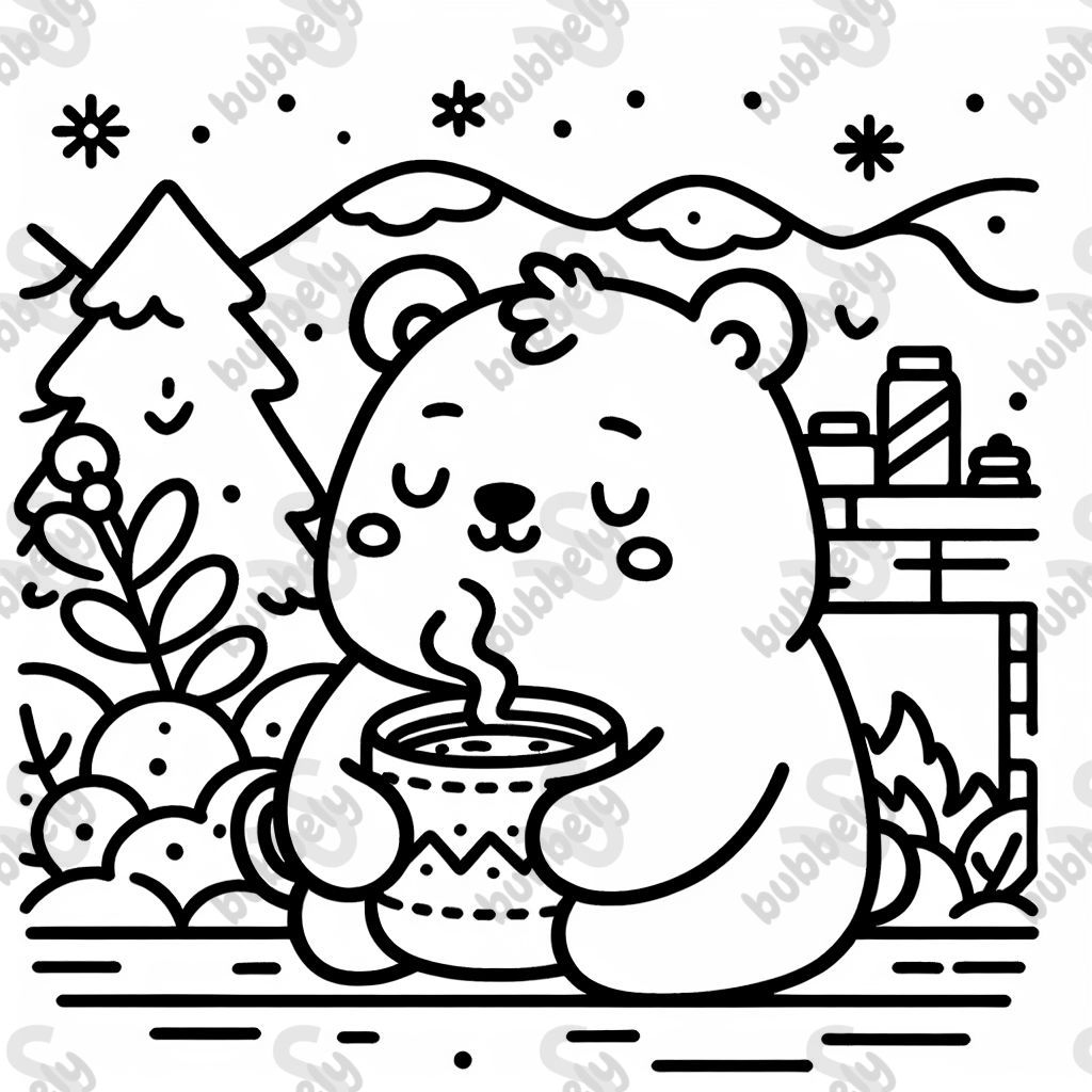 Escena acogedora con un oso bebiendo chocolate caliente. Escena acogedora con un oso bebiendo chocolate caliente.