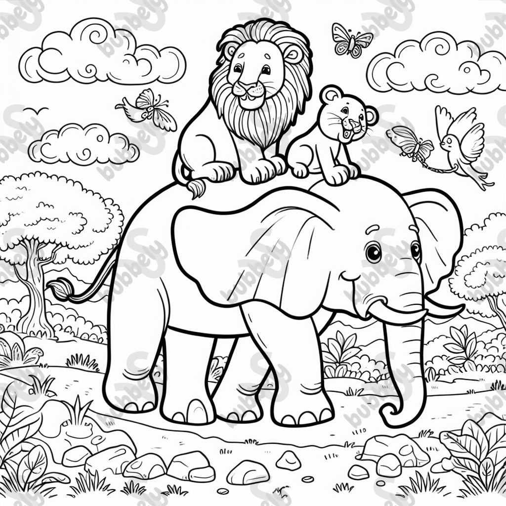 A colorful depiction of lions sitting on an elephant. Perfect for children to express their creativity. A colorful depiction of lions sitting on an elephant. Perfect for children to express their creativity.