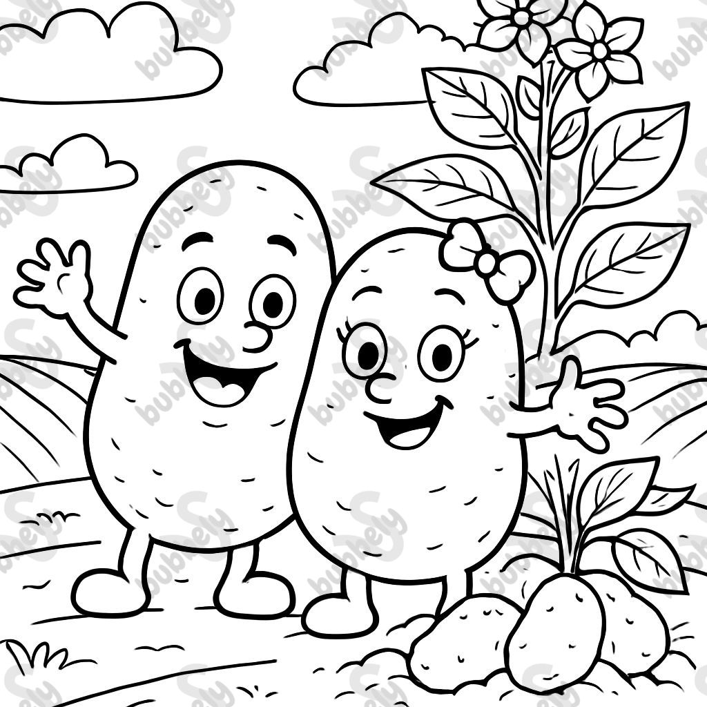 Hermanos de patatas junto a una planta de patata en el campo Hermanos de patatas junto a una planta de patata en el campo