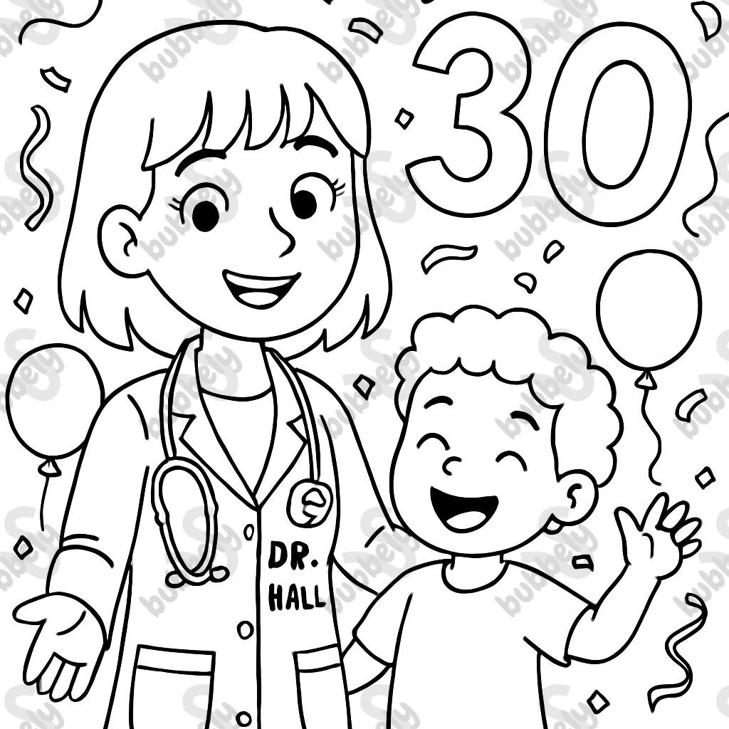 Pediatra mujer con flequillo y nombre de Dr. Hall y celebración del 30.º. Pediatra mujer con flequillo y nombre de Dr. Hall y celebración del 30.º.