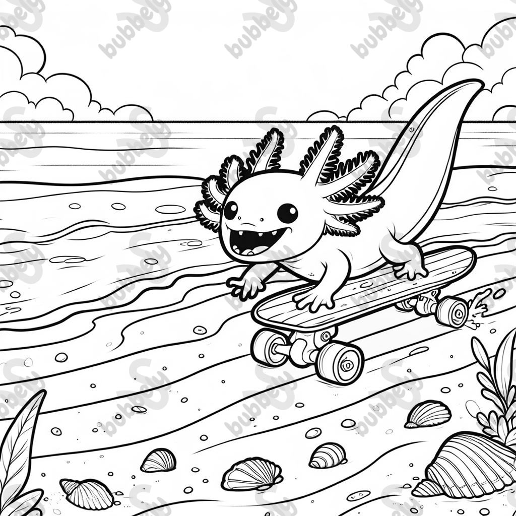 ein Axolotl, der am Strand Skateboard fährt