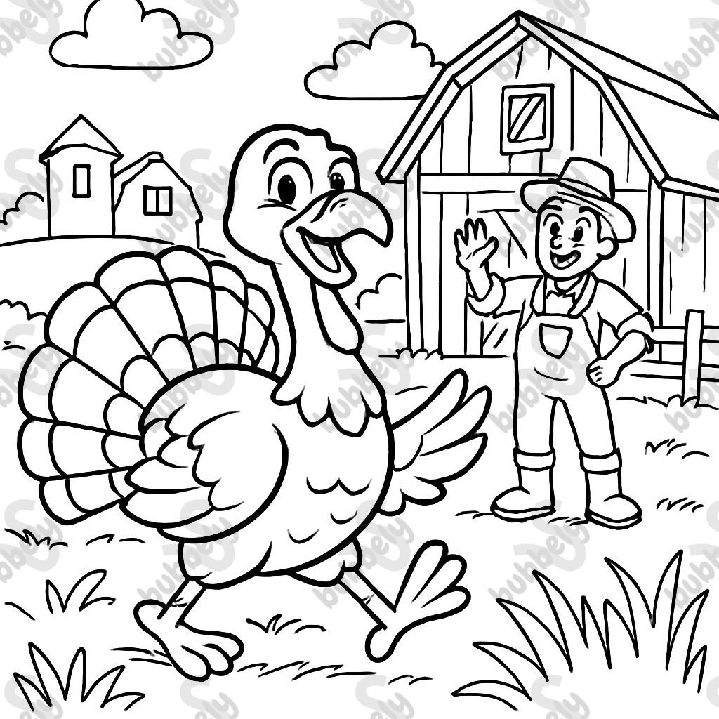 A turkey in a big field and a farm in the background and a farmer right in front of a barn. A turkey in a big field and a farm in the background and a farmer right in front of a barn.
