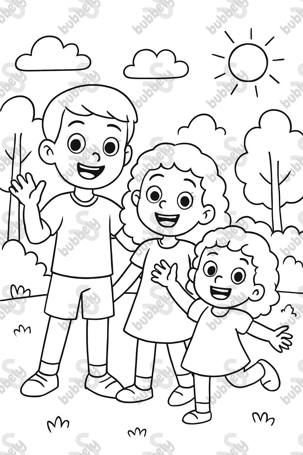 Hermano mayor con pelo corto y hermana del medio con rulos y hermana pequeña con rulos. Hermano mayor con pelo corto y hermana del medio con rulos y hermana pequeña con rulos.