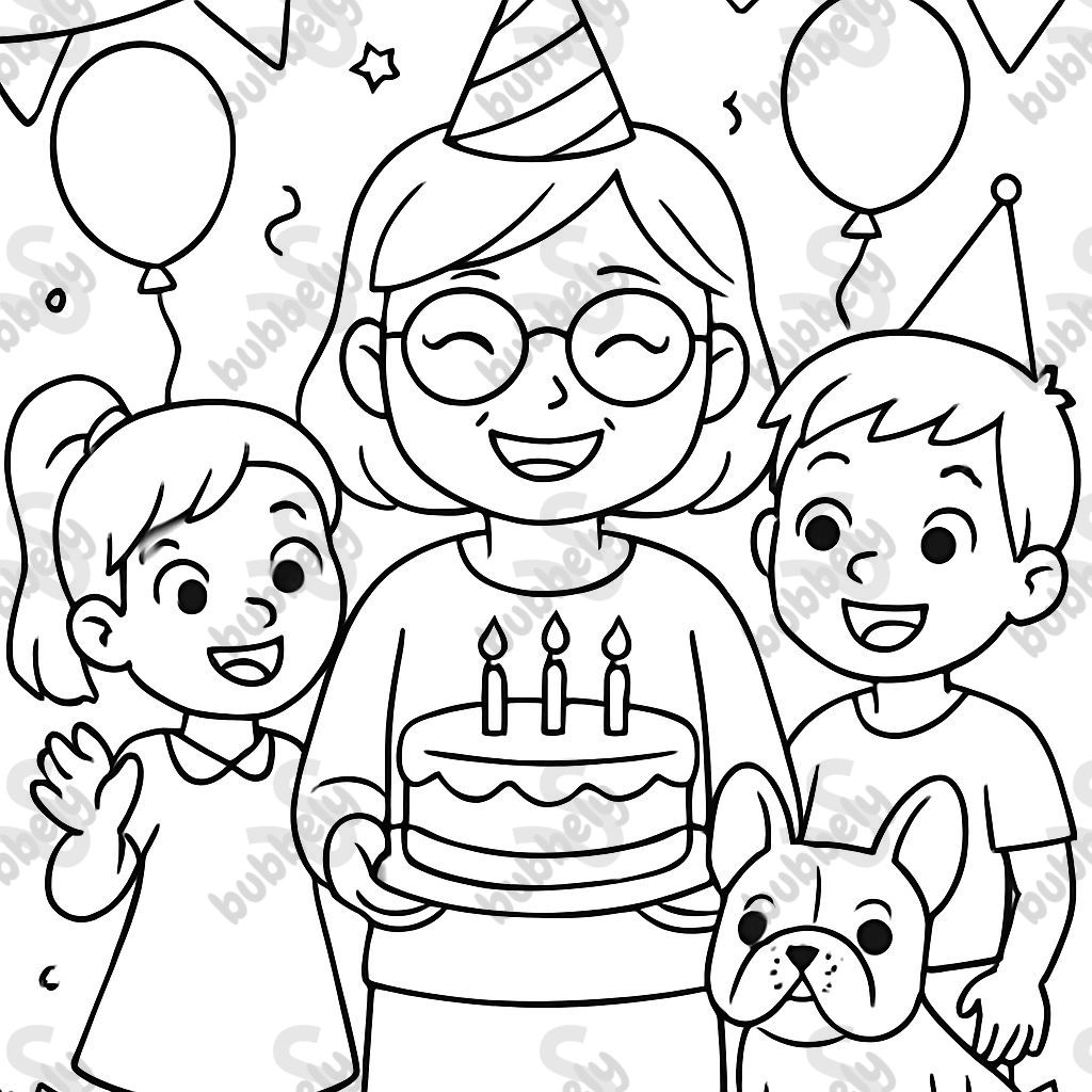 jüngere Oma hat Geburtstag und feiert mit Enkeltochter und Enkelsohn und französischer Bulldogge jüngere Oma hat Geburtstag und feiert mit Enkeltochter und Enkelsohn und französischer Bulldogge