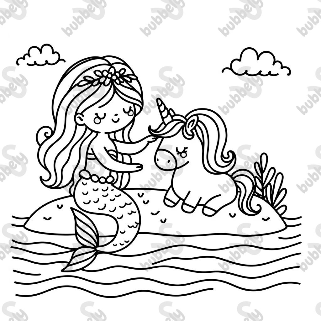 Sirena simple en el océano acariciando a un unicornio en una isla Sirena simple en el océano acariciando a un unicornio en una isla