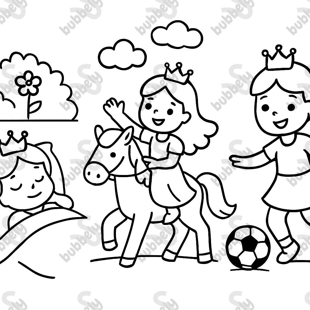 3 princesas. Una está durmiendo, la otra monta un caballo y la última juega al fútbol. 3 princesas. Una está durmiendo, la otra monta un caballo y la última juega al fútbol.