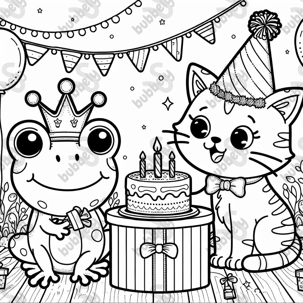 Une grenouille avec une couronne et un chat avec une couronne célèbrent un anniversaire Une grenouille avec une couronne et un chat avec une couronne célèbrent un anniversaire