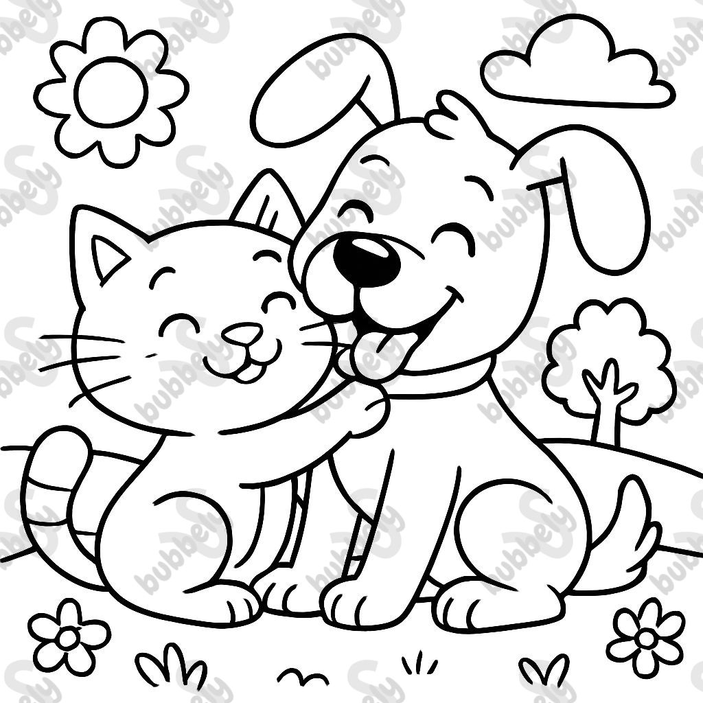 A cat cuddling with a dog. A cat cuddling with a dog.