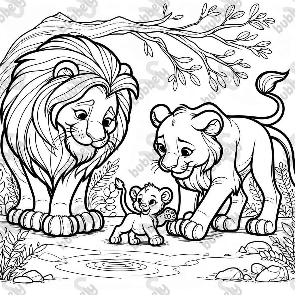 Family of lions with a baby girl lion