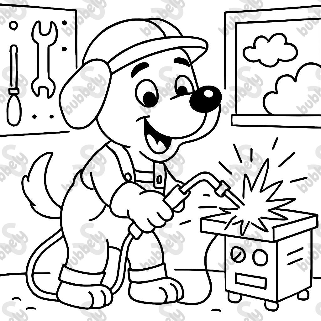 A dog who is welding. A dog who is welding.