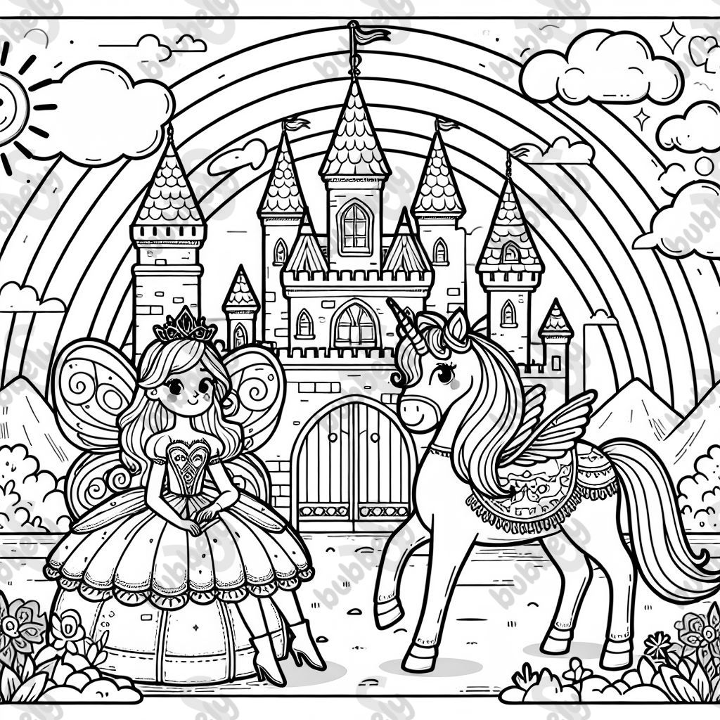 princesa hada en un castillo con un arcoíris y un unicornio princesa hada en un castillo con un arcoíris y un unicornio