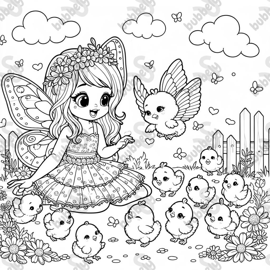 A young girl in a butterfly costume, surrounded by baby chickens A young girl in a butterfly costume, surrounded by baby chickens