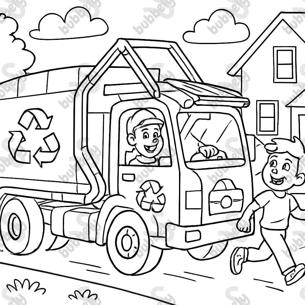 Recycling truck with dumpster on the front of the truck driving through a neighborhood and a person walking in their driveway nearby. Recycling truck with dumpster on the front of the truck driving through a neighborhood and a person walking in their driveway nearby.