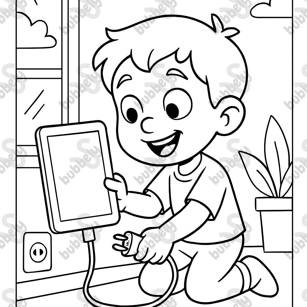 Kind, das ein Tablet anschließt Kind, das ein Tablet anschließt